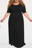 アーミーグリーンカジュアルソリッドパッチワークOネックストレートプラスサイズのドレス