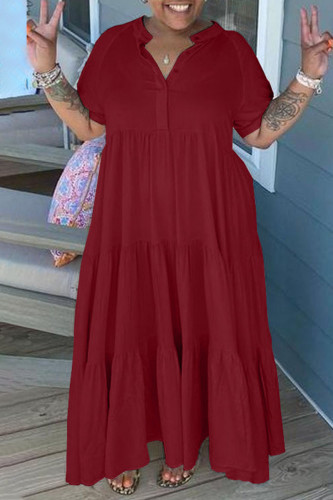 Burgundy Casual Solid Patchwork Fold Turndown Collar Straight Plus Size Dresses