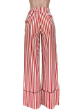 Pantalones de retazos con estampado de rayas informales rojos de cintura alta con estampado completo recto