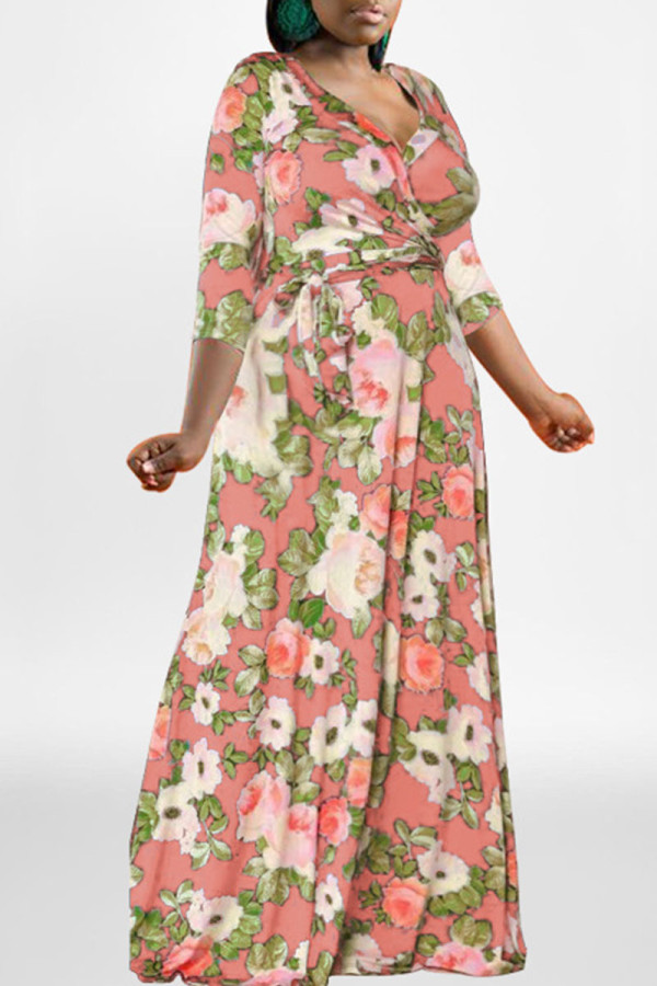 Розовые повседневные прямые платья с принтом в стиле пэчворк и V-образным вырезом