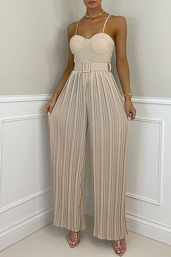 Apricot Sexy Solid Patchwork Fold Spaghetti Strap Straight Jumpsuits