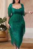 Grünes, elegantes, festes Quasten-Pailletten-Patchwork-Abendkleid mit quadratischem Kragen und Kleidern in Übergröße