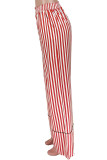 Pantaloni dritti con stampa intera a vita alta patchwork con stampa a righe casual rosse