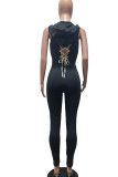 Zwarte Casual Solid Bandage Patchwork Backless Rits Hooded Kraag Skinny Jumpsuits