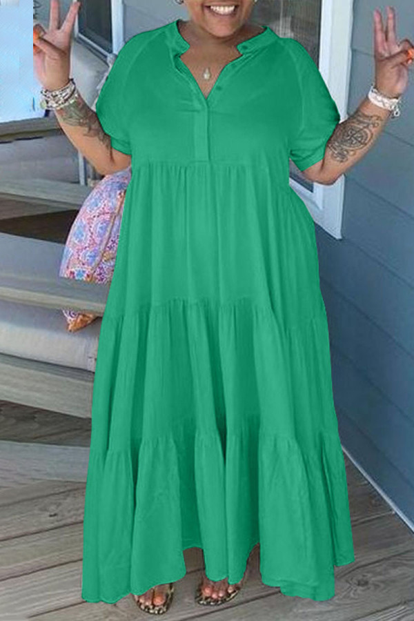 グリーンカジュアルソリッドパッチワークフォールドターンダウンカラーストレートプラスサイズのドレス