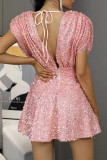 Розовые сексуальные сплошные повязки с блестками в стиле пэчворк с V-образным вырезом и линиями платьев