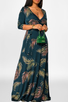 Marinblå Mode Casual Print Patchwork V-ringad lång klänning