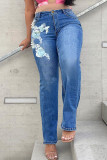 Ljusblå Mode Casual Print Patchwork Plus Size Jeans
