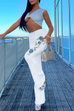White Fashion Casual Print Patchwork High Waist Regular Denim Jeans