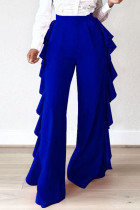 Calças de baixo de cor sólida azul moda casual folhos retos cintura alta retas