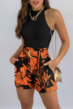 Orange Fashion Casual Print Patchwork With Belt O Neck Sleeveless Two Pieces