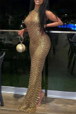 Gold Fashion Sexy Patchwork Hot Drilling Durchsichtiger Schlitz Halbes Rollkragen-Abendkleid