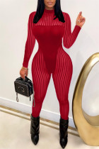 Rode mode sexy gestreepte patchwork doorschijnende halflange coltrui skinny jumpsuits
