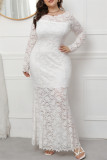 Witte mode sexy effen patchwork doorschijnende O-hals lange mouwen plus size jurken