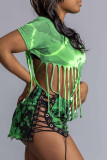 Зеленые сексуальные топы с круглым вырезом и кисточками в стиле пэчворк с принтом