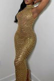 ゴールドファッションセクシーなパッチワークホットドリルシースルースリットハーフタートルネックイブニングドレス