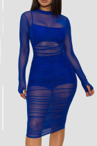 Синий сексуальный однотонный лоскутное прозрачное платье с круглым вырезом и длинным рукавом из трех частей