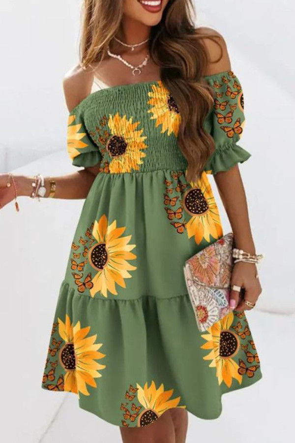Groene mode zoete print patchwork vouw off-shoulder A-lijn jurken