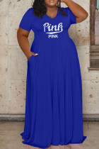 Синее модное повседневное платье больших размеров с буквенным принтом в стиле пэчворк с v-образным вырезом и коротким рукавом