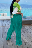 Dark Green Casual Solid Tassel Loose Mid Waist Wide Leg Solid Color Bottoms