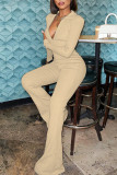 White Casual Solid Patchwork Zipper Collar Jumpsuits