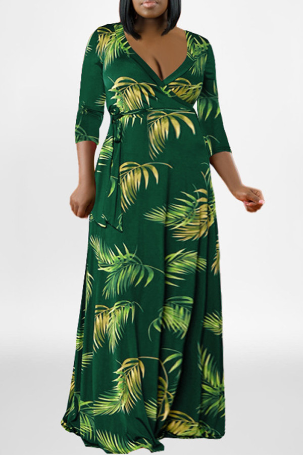 グリーンファッションカジュアルプラスサイズプリントパッチワークVネックロングドレス
