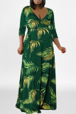 Grönt mode Casual Plus Size Print Patchwork V-hals lång klänning