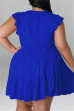 Blauwe mode casual plus size effen patchwork v-hals mouwloze jurk