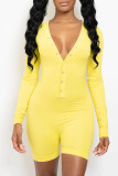 Yellow Casual Solid Patchwork Buckle Skinny Rompers