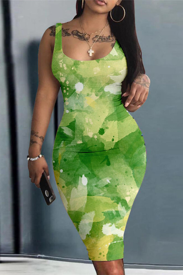 Vestido verde fashion sexy com estampa básica decote em U