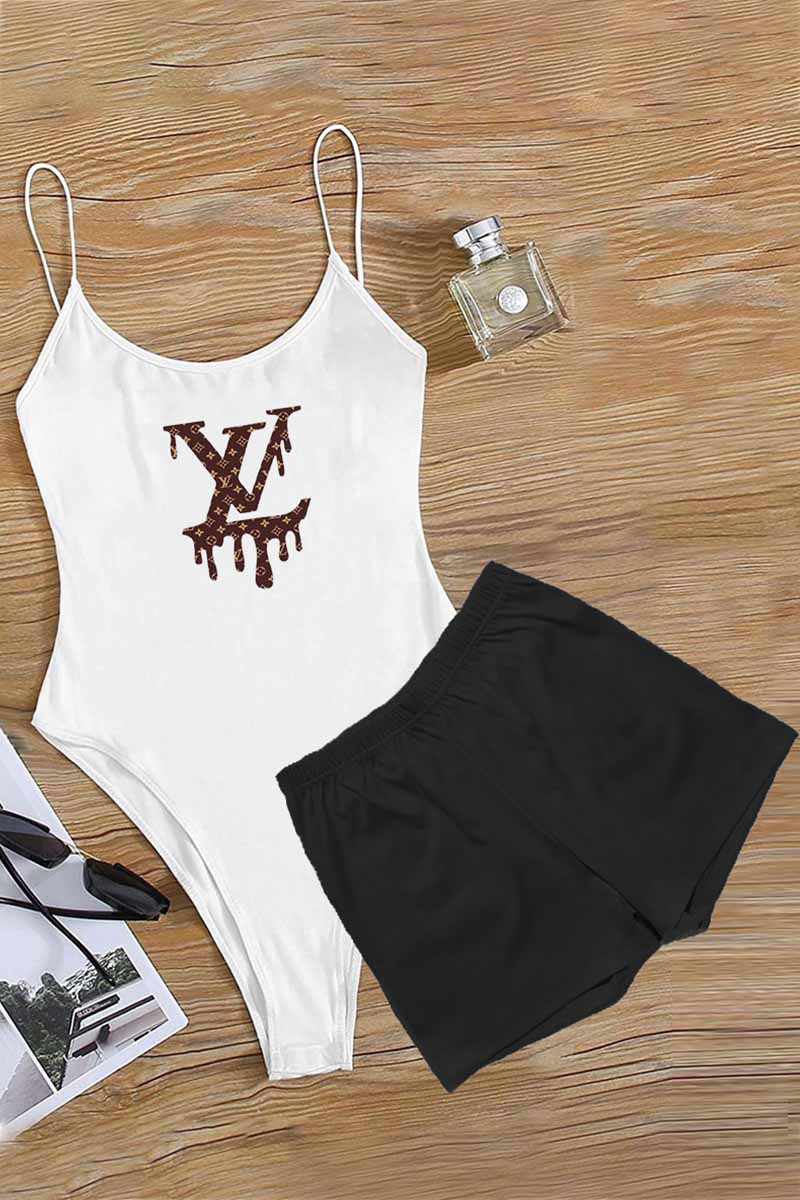 

Brown Fashion Sexy Print Letter Spaghetti Strap Sleeveless Two Pieces