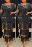 Vestido longo preto moda casual plus size patchwork borla miçangas com gola