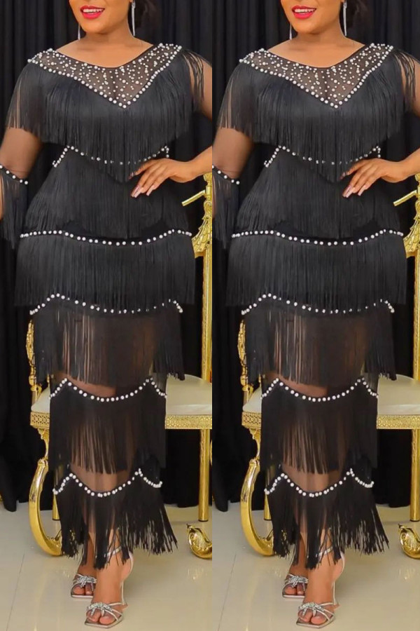 Черное модное повседневное платье больших размеров в стиле пэчворк с кисточками и бисером, длинное платье с круглым вырезом