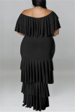 ブラックファッションカジュアルプラスサイズソリッドパッチワークOネック半袖ドレス