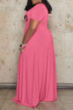 Pink Fashion Casual Plus Size Letter Print Patchwork V Neck Short Sleeve Dress