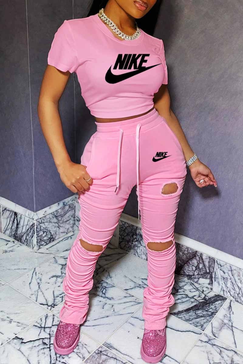 

Pink Fashion Casual Print Ripped Fold O Neck Short Sleeve Two Pieces