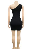 Black Sexy Solid Hollowed Out Patchwork Oblique Collar Pencil Skirt Dresses
