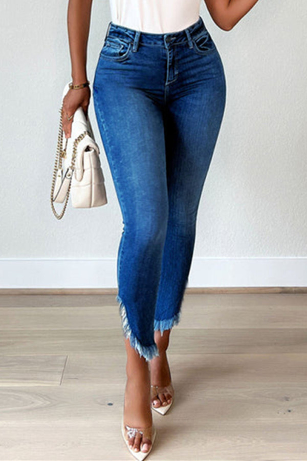 Глубокие синие модные повседневные однотонные лоскутные джинсы скинни с высокой талией