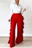 Calças de baixo retas de cor sólida casual com babados de cintura alta vermelha