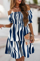 Blauw witte mode zoete print patchwork vouw off-shoulder A-lijn jurken