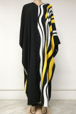 Black Yellow Casual Print Patchwork V Neck Long Dress Plus Size Dresses