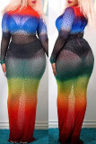 Färg Mode Sexig Gradvis Change Print Patchwork Genomskinlig Hot Drill Turtleneck Långärmade Klänningar