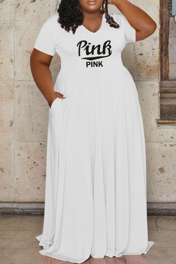 Weißes, modisches, lässiges Plus-Size-Patchwork-Kleid mit V-Ausschnitt und kurzen Ärmeln
