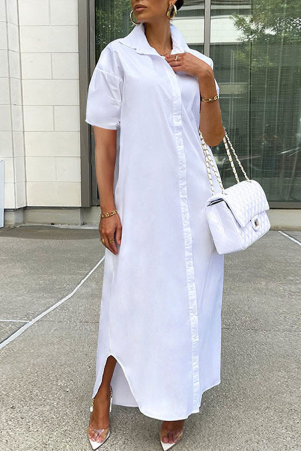 Белое повседневное однотонное платье-рубашка в стиле пэчворк с отложным воротником и пряжкой Платья Платья