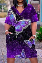 Пурпурные повседневные прямые платья с принтом в стиле пэчворк и V-образным вырезом