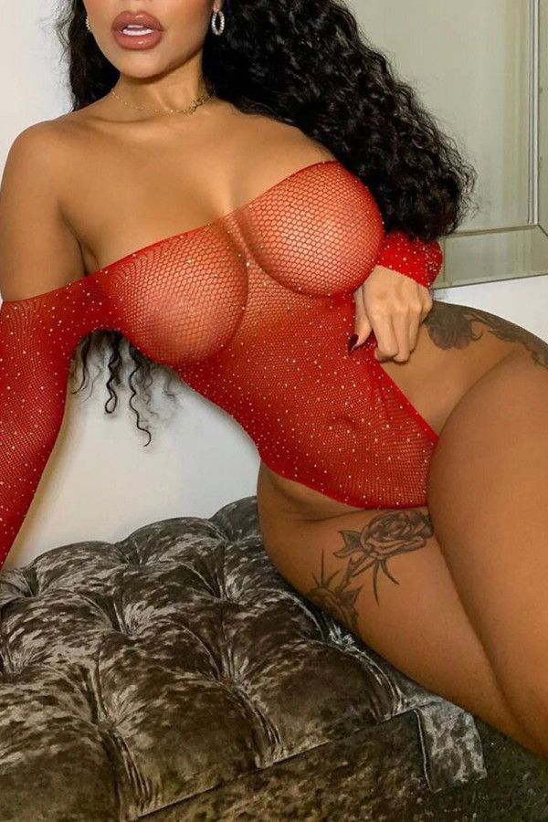 Rode mode Sexy effen uitgeholde doorschijnende rugloze lingerie