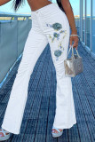 Moda branca casual estampa patchwork cintura alta jeans regular