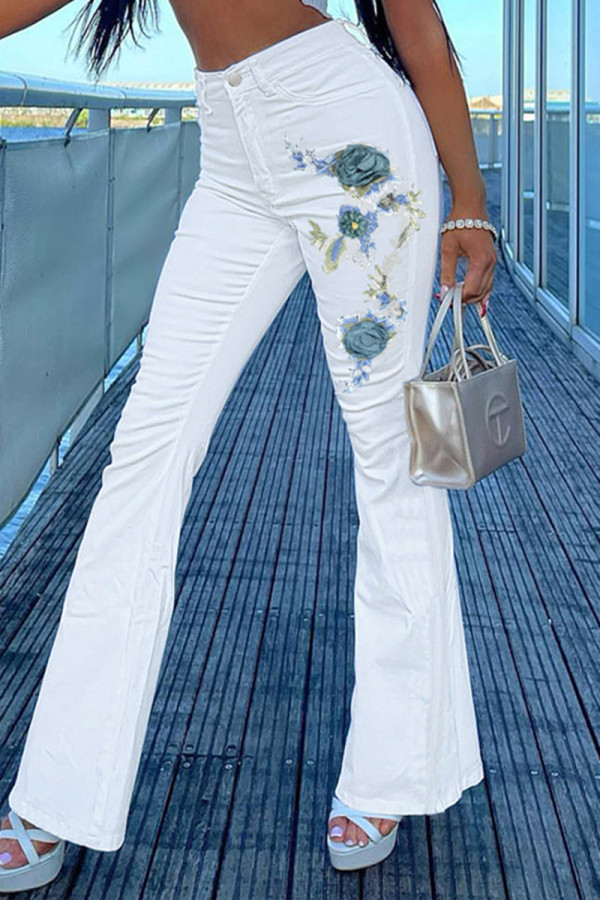 Moda branca casual estampa patchwork cintura alta jeans regular