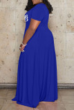 Blå Mode Casual Plus Size Letter Print Patchwork V-ringad kortärmad klänning