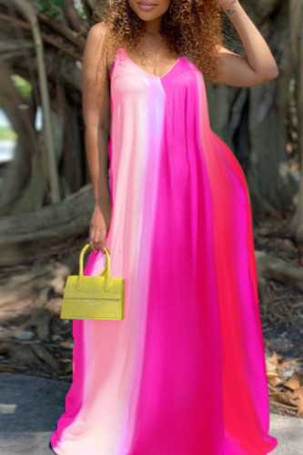 ピンクのセクシーなカジュアルプラスサイズのプリント背中の開いたスパゲッティストラップロングドレス